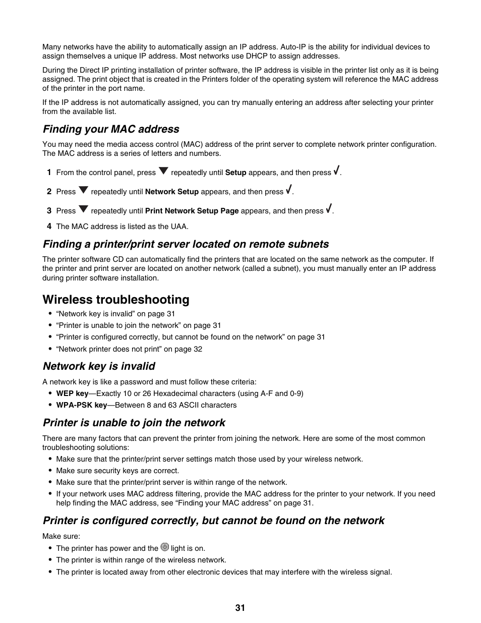 Finding your mac address, Wireless troubleshooting, Network key is invalid | Printer is unable to join the network | Lexmark 9300 Series User Manual | Page 31 / 198