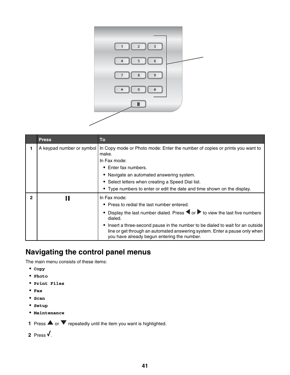 Navigating the control panel menus | Lexmark 9300 Series User Manual | Page 41 / 198