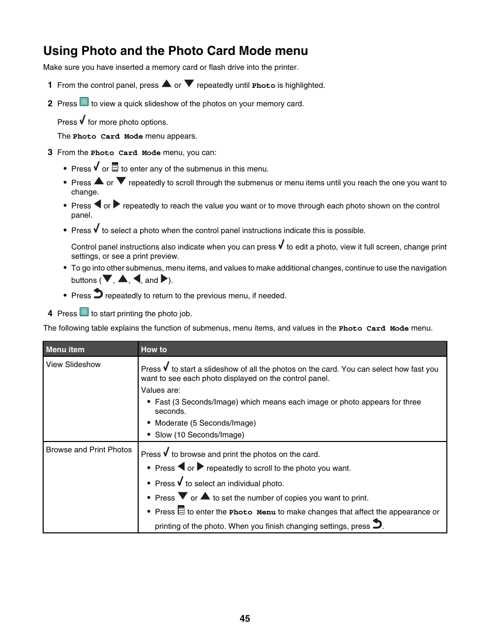 Using photo and the photo card mode menu | Lexmark 9300 Series User Manual | Page 45 / 198