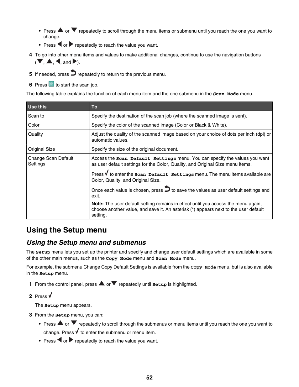 Using the setup menu, Using the setup menu and submenus | Lexmark 9300 Series User Manual | Page 52 / 198