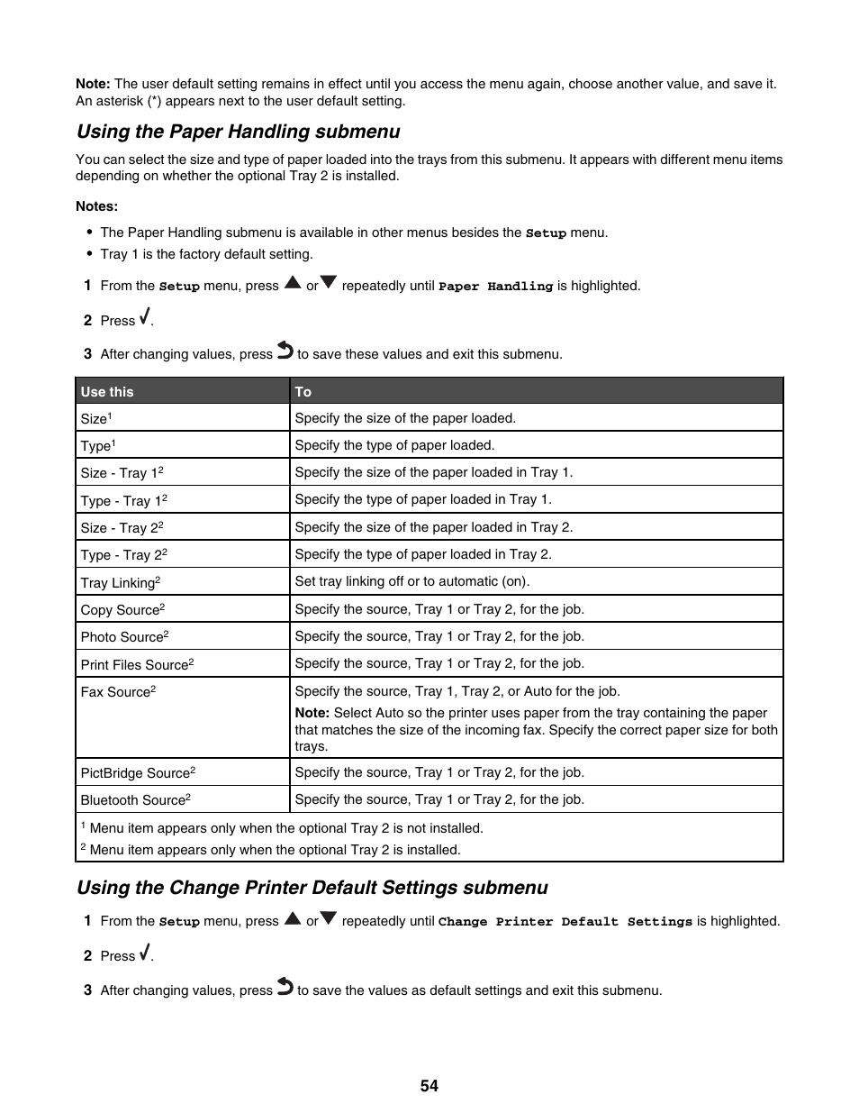 Using the paper handling submenu, Using the change printer default settings submenu | Lexmark 9300 Series User Manual | Page 54 / 198