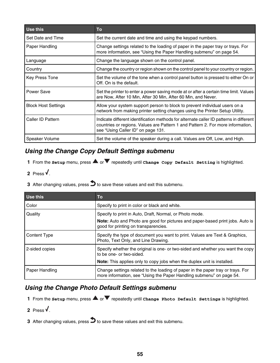 Using the change copy default settings submenu, Using the change photo default settings submenu | Lexmark 9300 Series User Manual | Page 55 / 198
