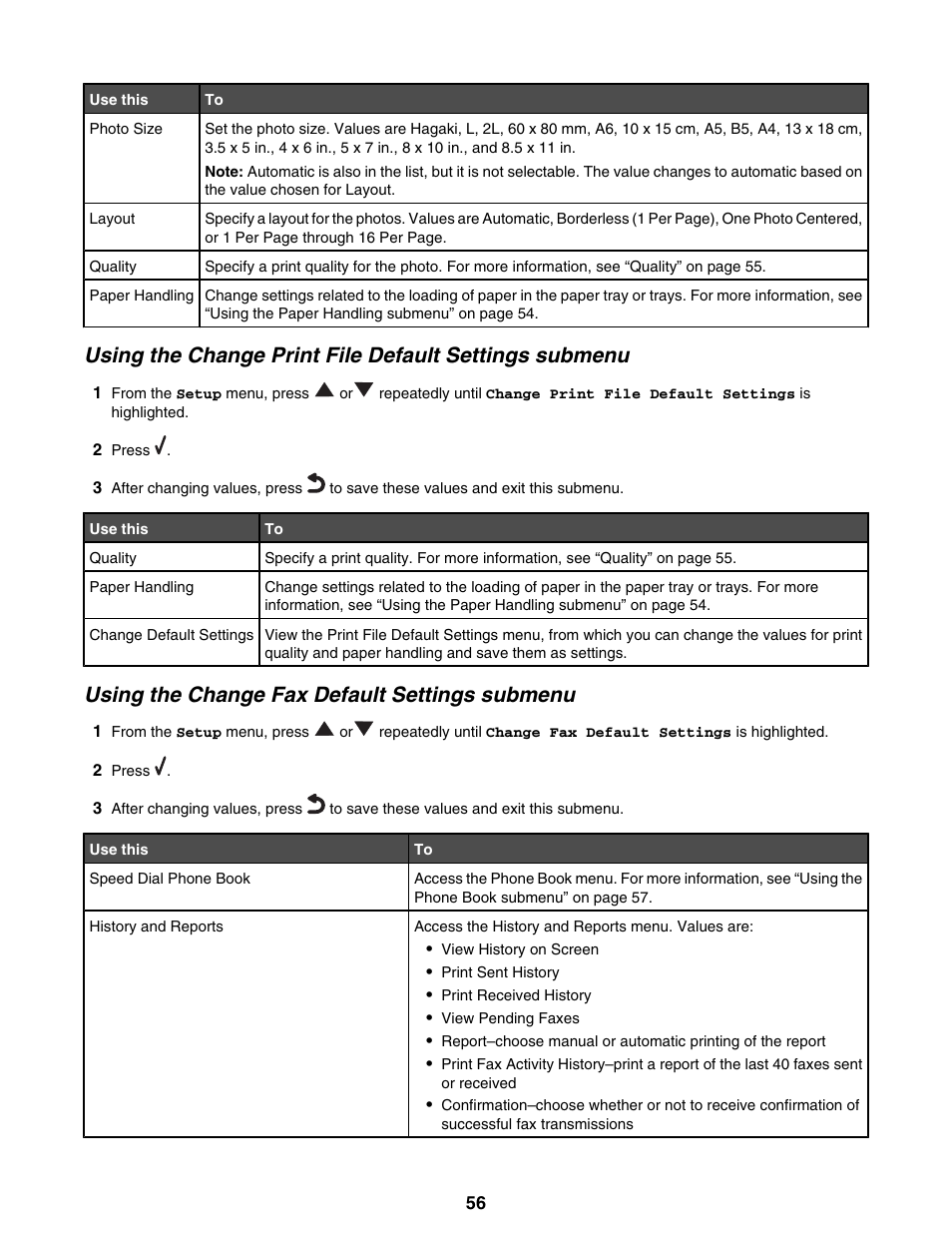 Using the change fax default settings submenu | Lexmark 9300 Series User Manual | Page 56 / 198