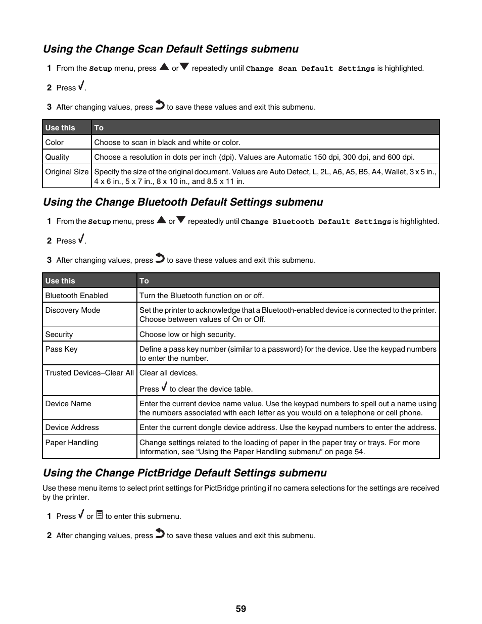 Using the change scan default settings submenu | Lexmark 9300 Series User Manual | Page 59 / 198