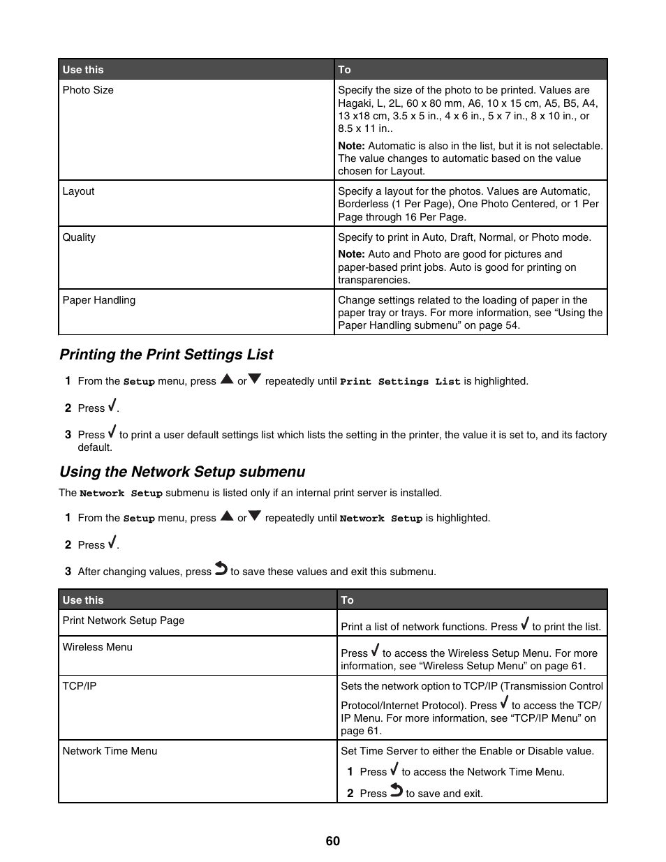 Printing the print settings list, Using the network setup submenu | Lexmark 9300 Series User Manual | Page 60 / 198