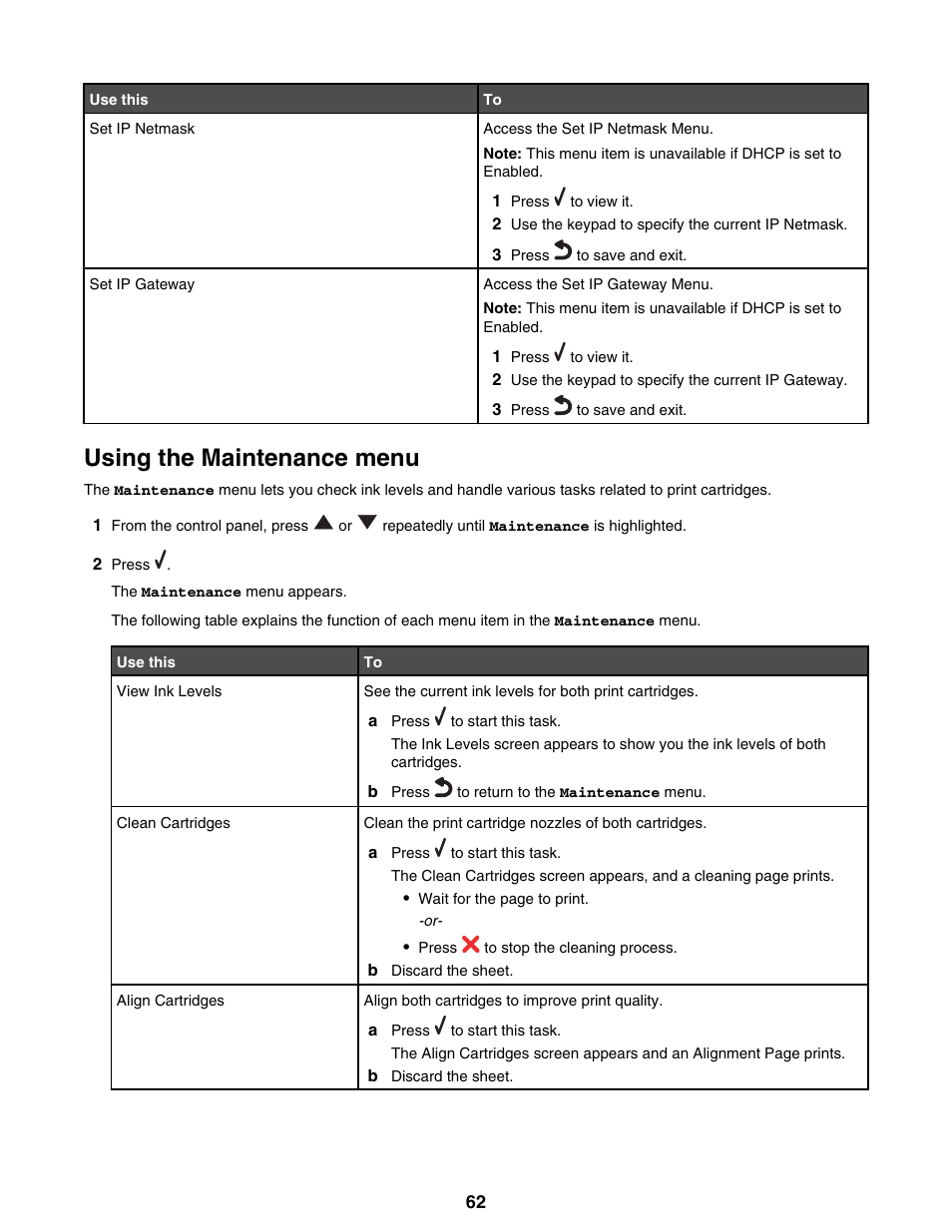 Using the maintenance menu | Lexmark 9300 Series User Manual | Page 62 / 198