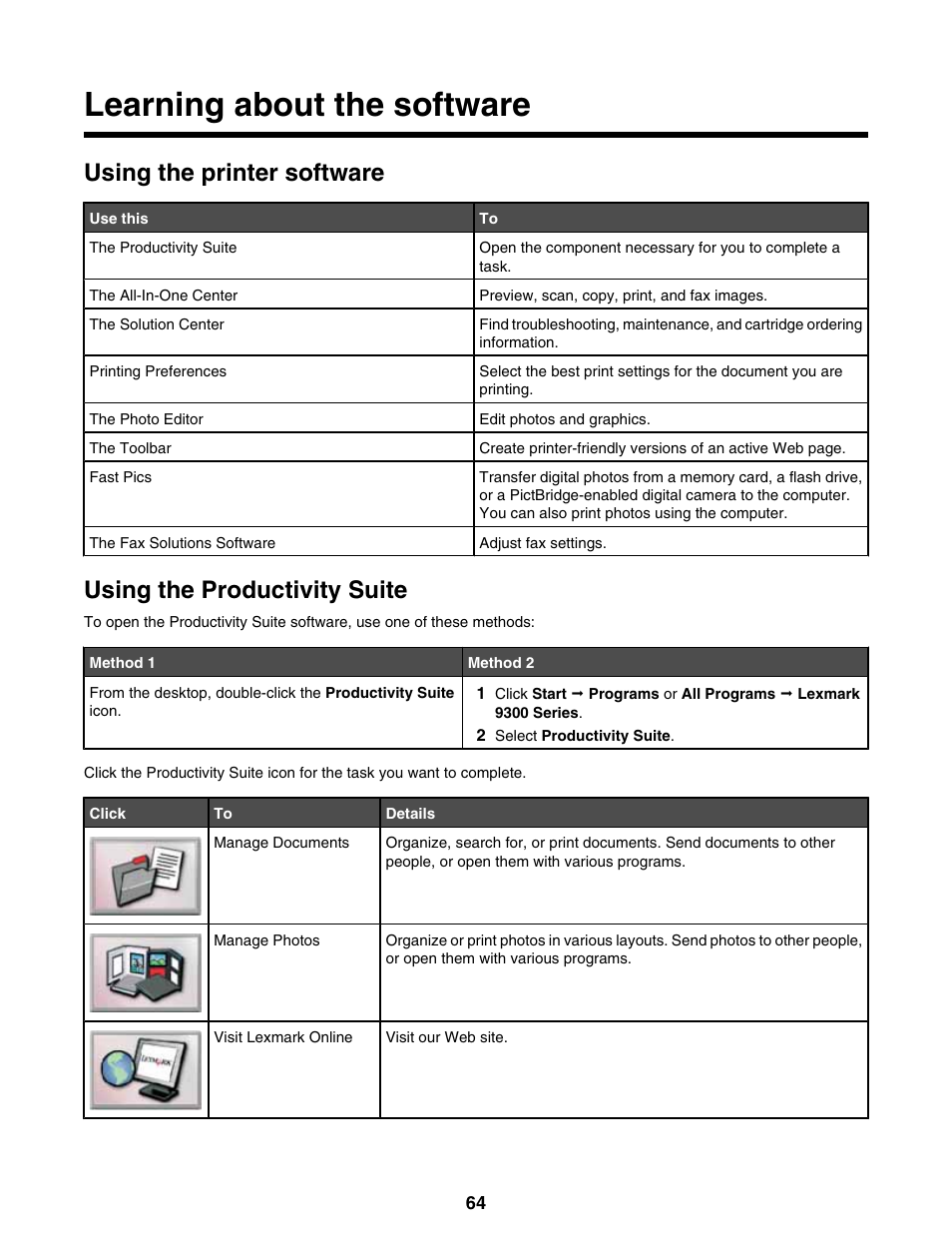 Learning about the software, Using the printer software, Using the productivity suite | Lexmark 9300 Series User Manual | Page 64 / 198