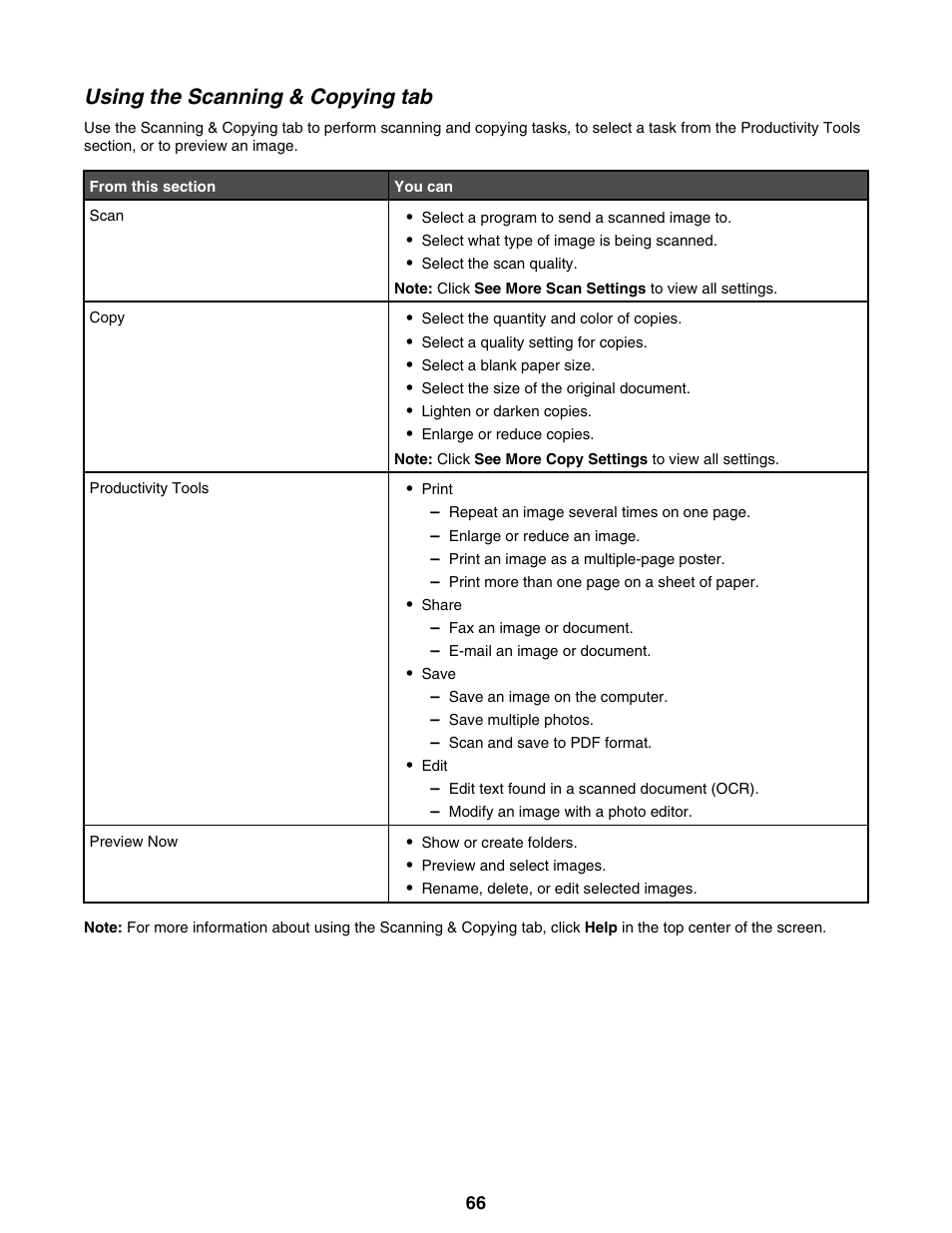 Using the scanning & copying tab | Lexmark 9300 Series User Manual | Page 66 / 198