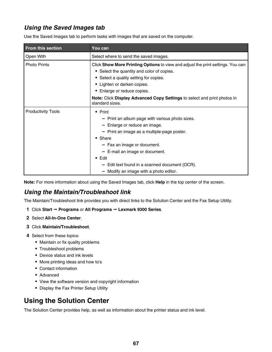 Using the saved images tab, Using the maintain/troubleshoot link, Using the solution center | Lexmark 9300 Series User Manual | Page 67 / 198