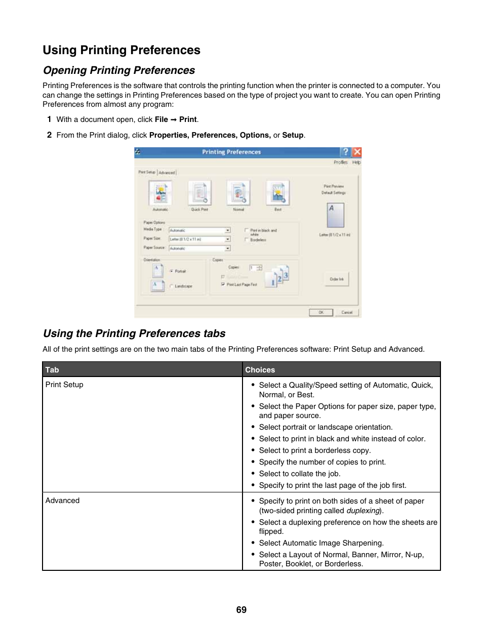 Using printing preferences, Opening printing preferences, Using the printing preferences tabs | Lexmark 9300 Series User Manual | Page 69 / 198
