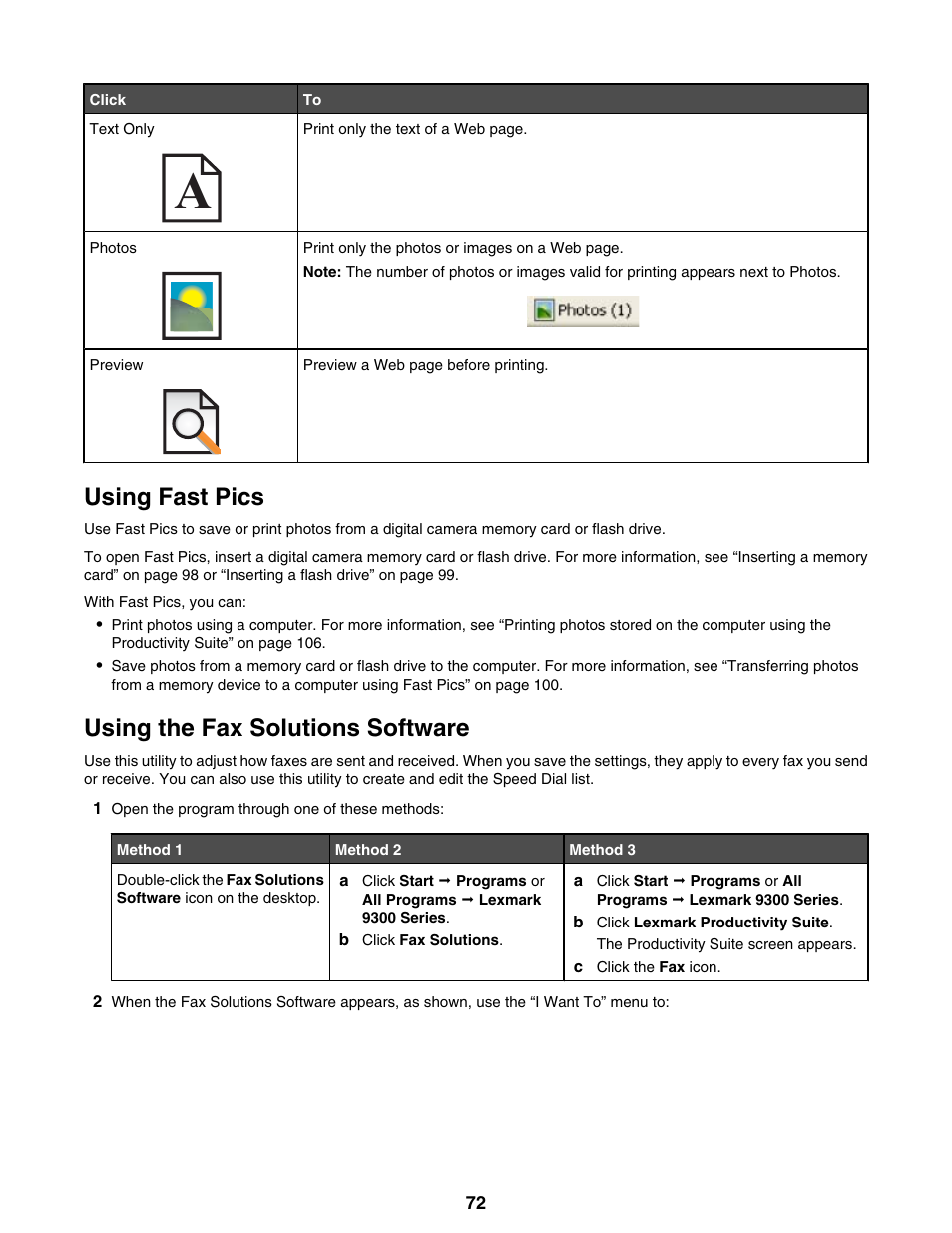 Using fast pics, Using the fax solutions software | Lexmark 9300 Series User Manual | Page 72 / 198