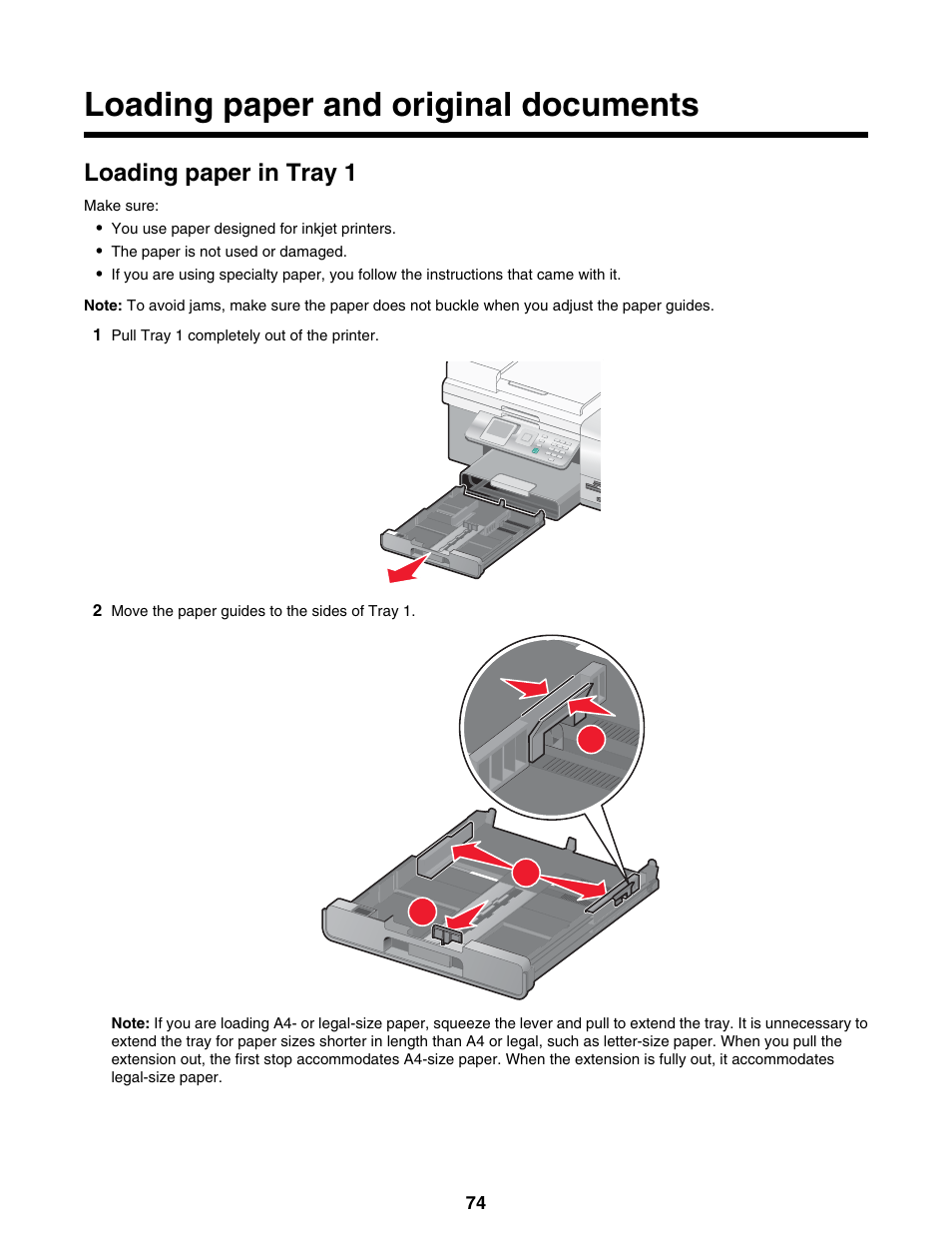 Loading paper and original documents, Loading paper in tray 1 | Lexmark 9300 Series User Manual | Page 74 / 198