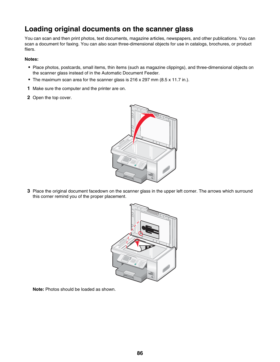 Loading original documents on the scanner glass | Lexmark 9300 Series User Manual | Page 86 / 198