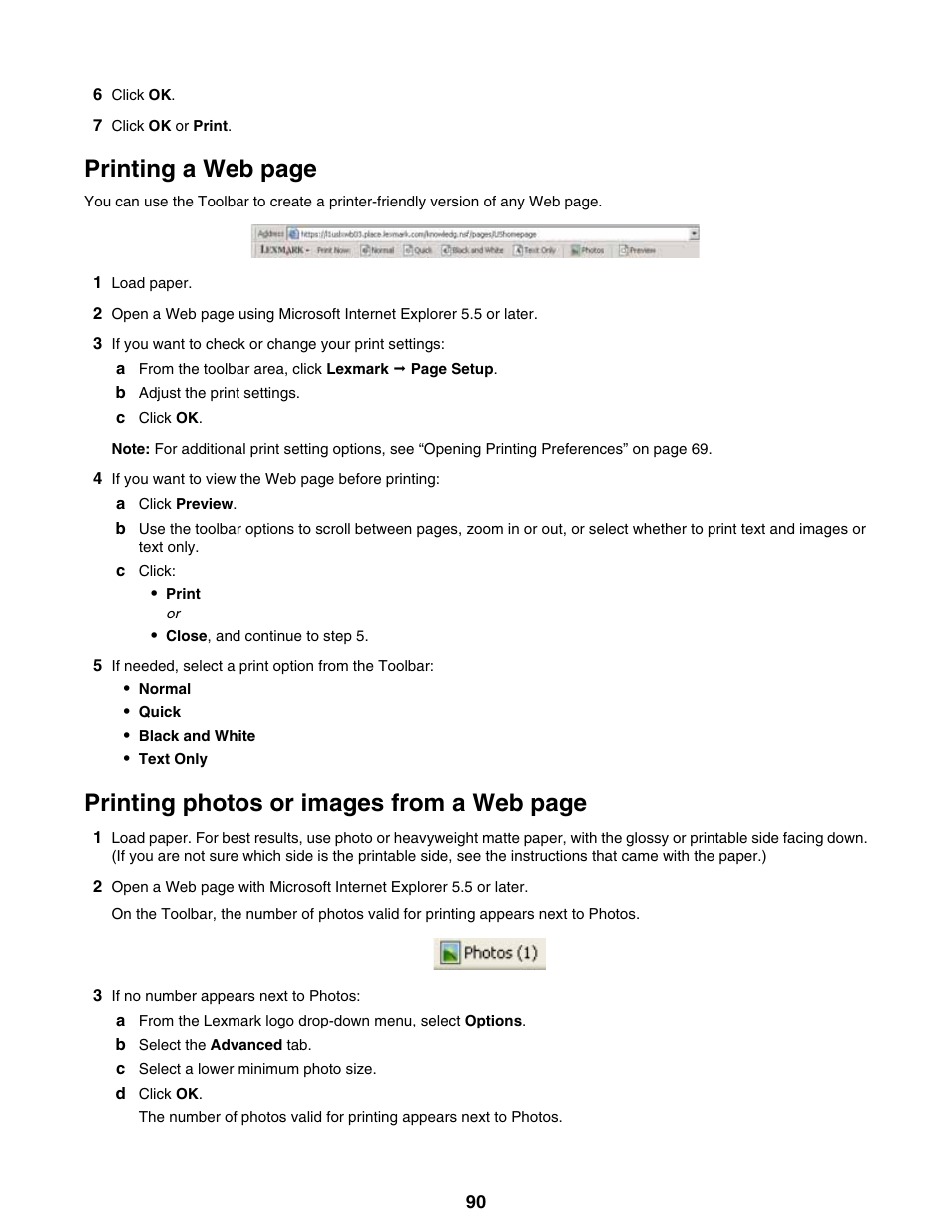 Printing a web page, Printing photos or images from a web page | Lexmark 9300 Series User Manual | Page 90 / 198
