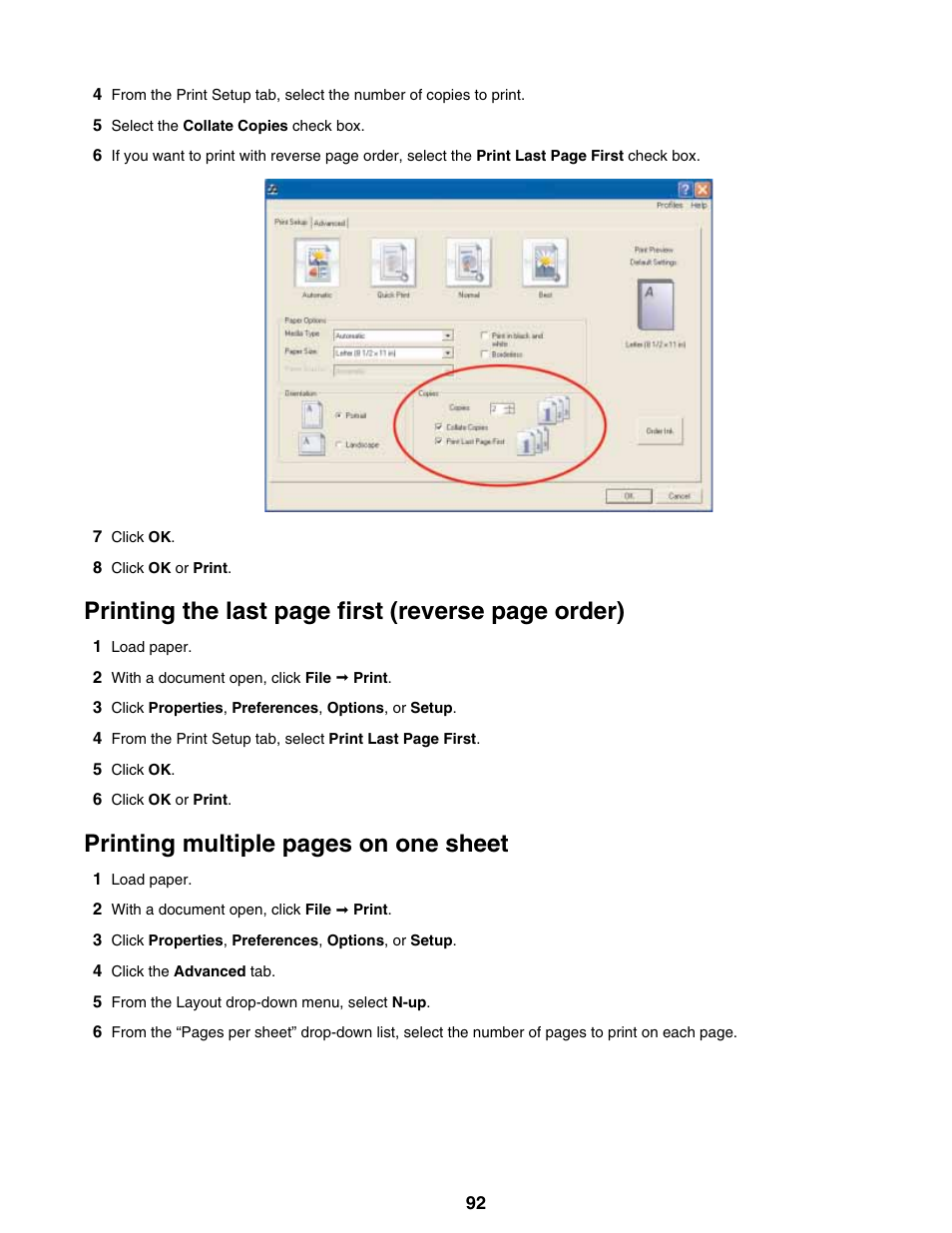 Printing the last page first (reverse page order), Printing multiple pages on one sheet | Lexmark 9300 Series User Manual | Page 92 / 198