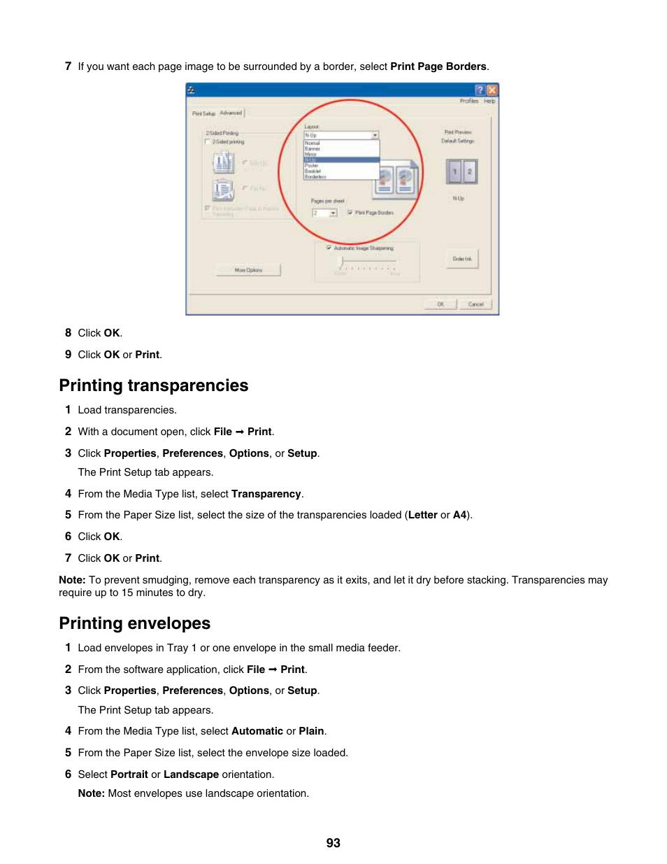 Printing transparencies, Printing envelopes | Lexmark 9300 Series User Manual | Page 93 / 198