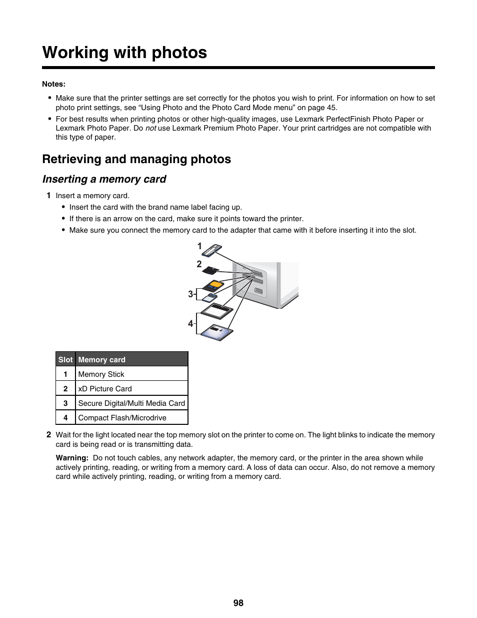 Working with photos, Retrieving and managing photos, Inserting a memory card | Lexmark 9300 Series User Manual | Page 98 / 198