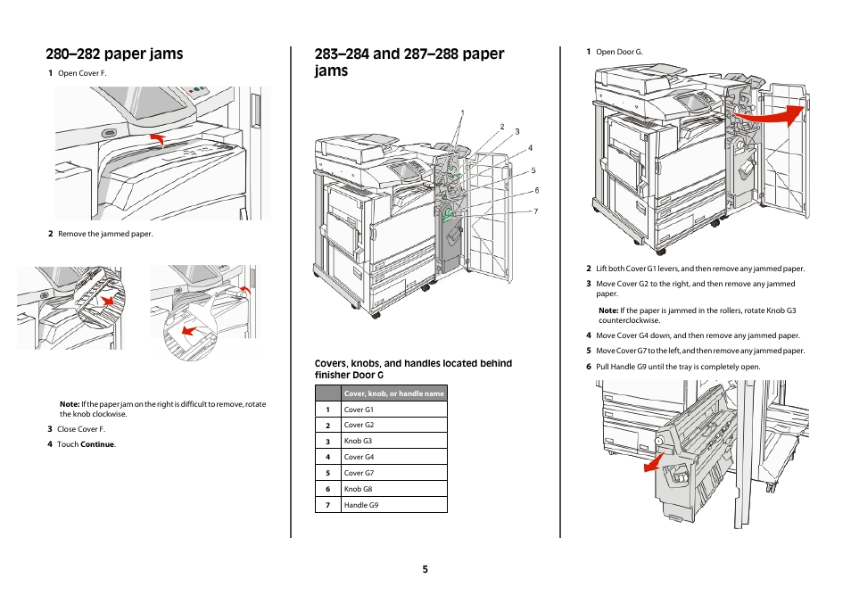 280–282 paper jams, 283–284 and 287–288 paper jams | Lexmark X945 User Manual | Page 5 / 8