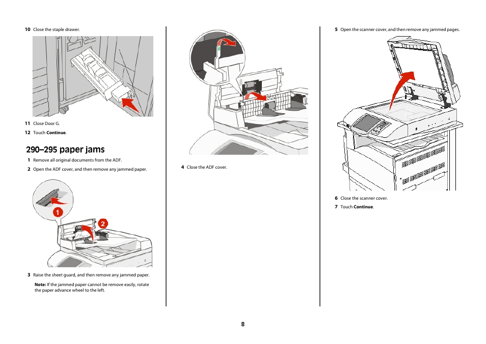 290–295 paper jams | Lexmark X945 User Manual | Page 8 / 8