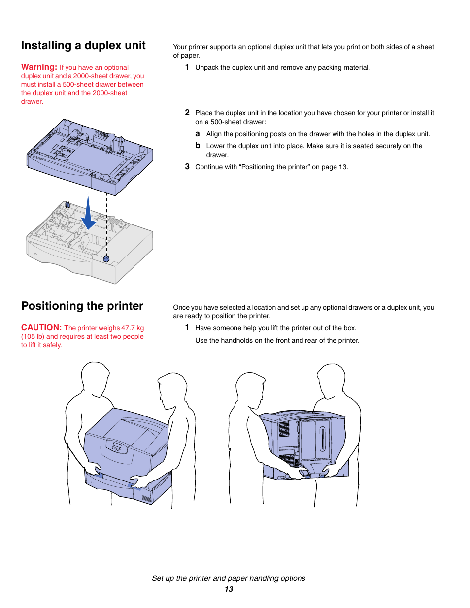 Installing a duplex unit, Positioning the printer, Installing a duplex unit positioning the printer | Lexmark C 760 User Manual | Page 13 / 39