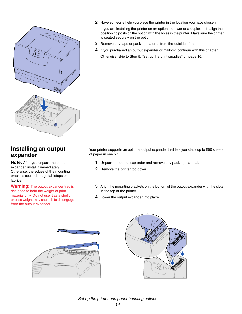Installing an output expander, 2 remove the printer top cover, 4 lower the output expander into place | Lexmark C 760 User Manual | Page 14 / 39