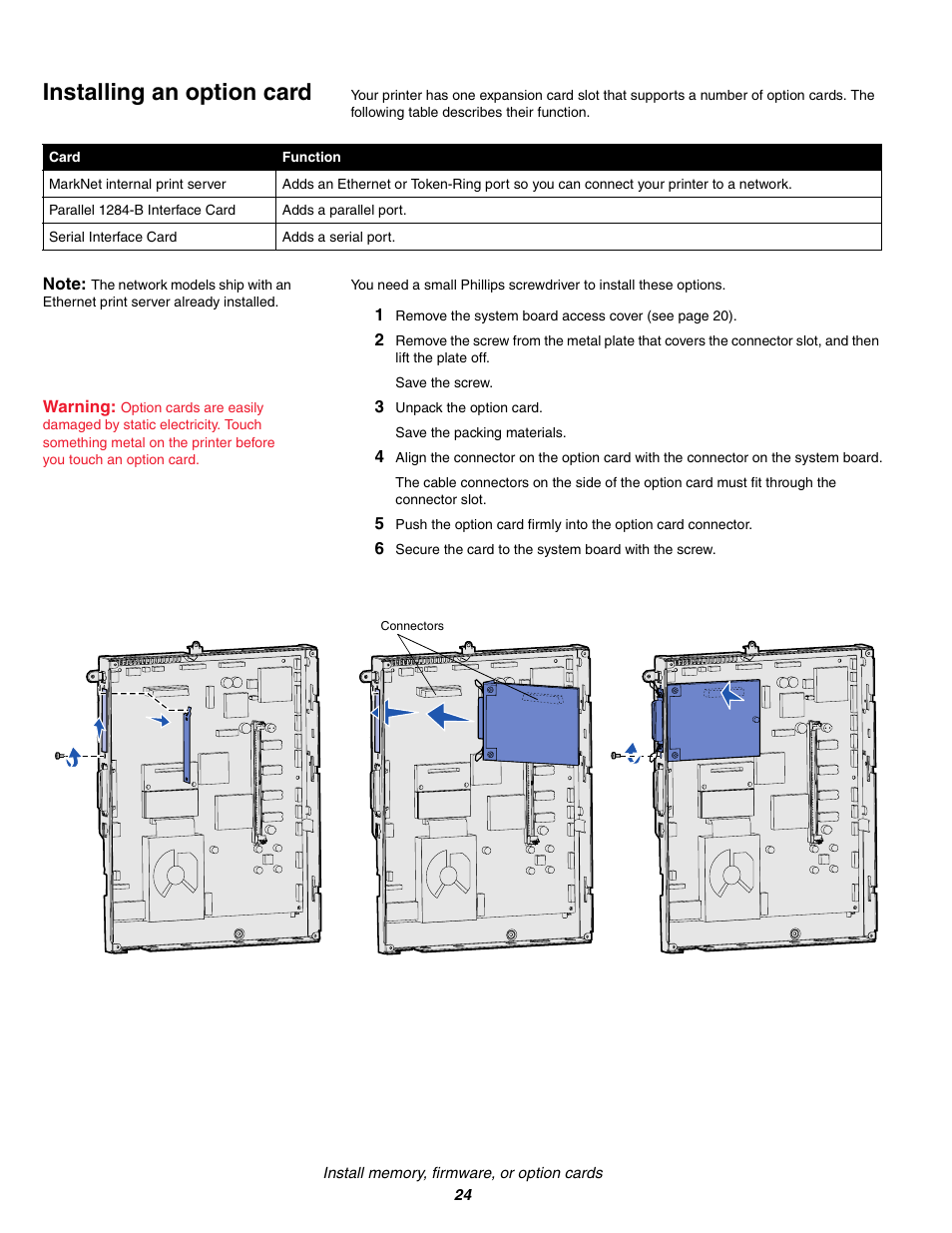 Installing an option card, 3 unpack the option card | Lexmark C 760 User Manual | Page 24 / 39