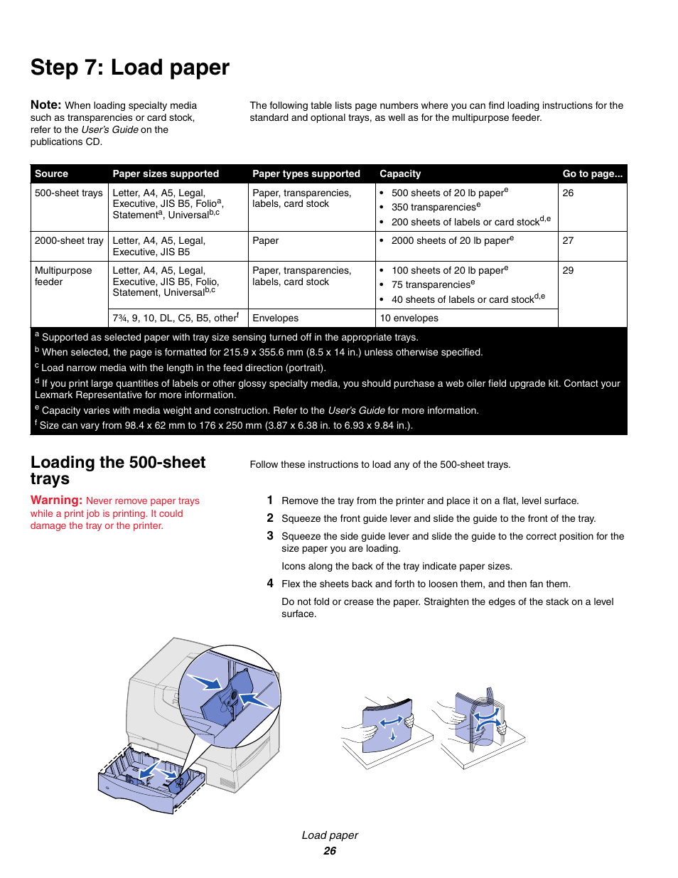 Step7: load paper, Loading the 500sheet trays, Step 7: load paper | Loading the 500-sheet trays, Load paper | Lexmark C 760 User Manual | Page 26 / 39