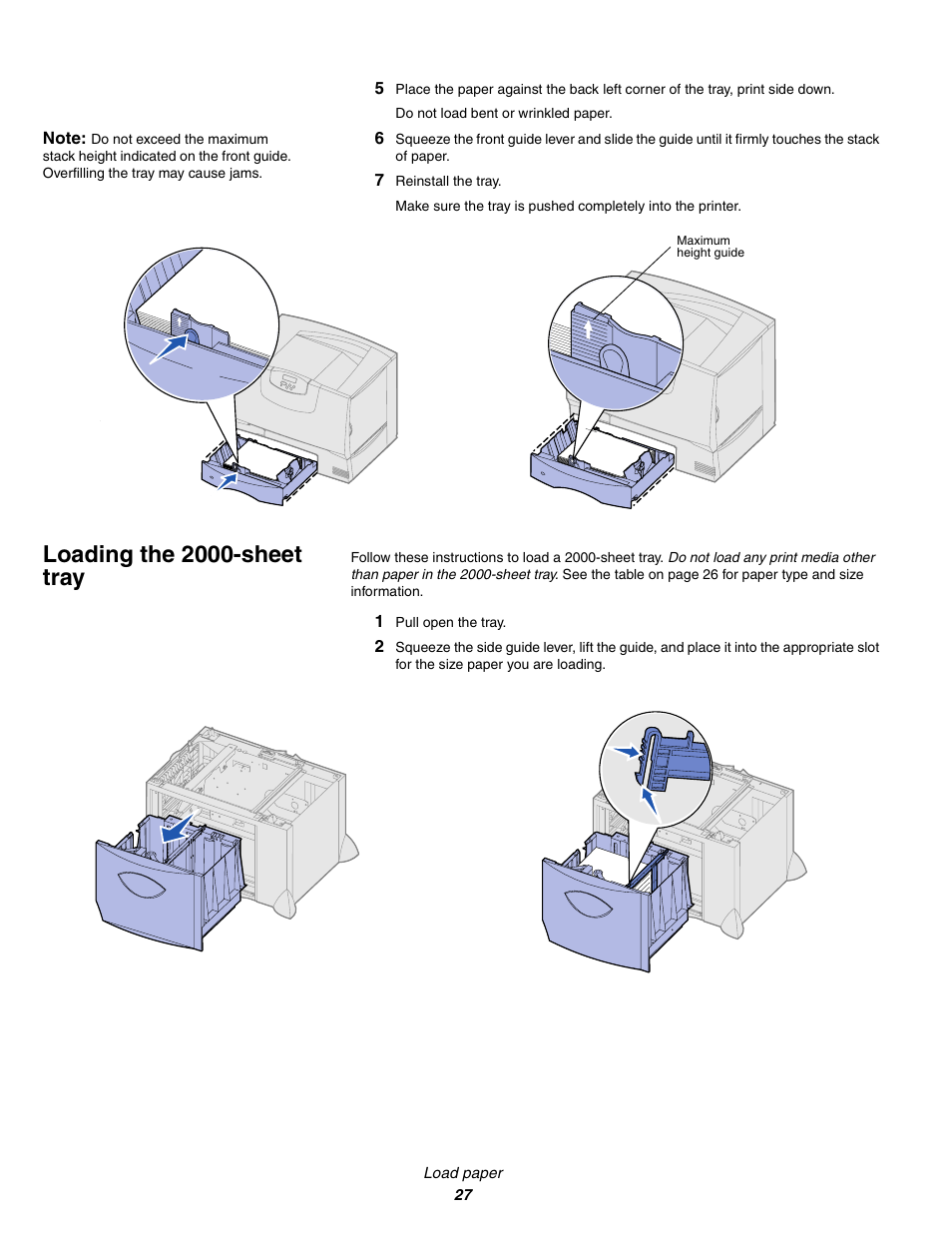 7 reinstall the tray, Loading the 2000sheet tray, 1 pull open the tray | Loading the 2000-sheet tray | Lexmark C 760 User Manual | Page 27 / 39