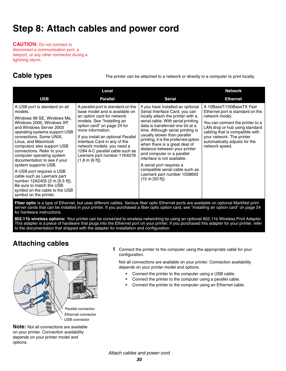 Step8: attach cables and power cord, Cable types, Attaching cables | Step 8: attach cables and power cord, Cable types attaching cables | Lexmark C 760 User Manual | Page 30 / 39