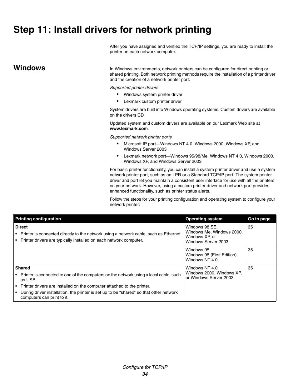 Step11: install drivers for network printing, Windows, Step 11: install drivers for network printing | Lexmark C 760 User Manual | Page 34 / 39