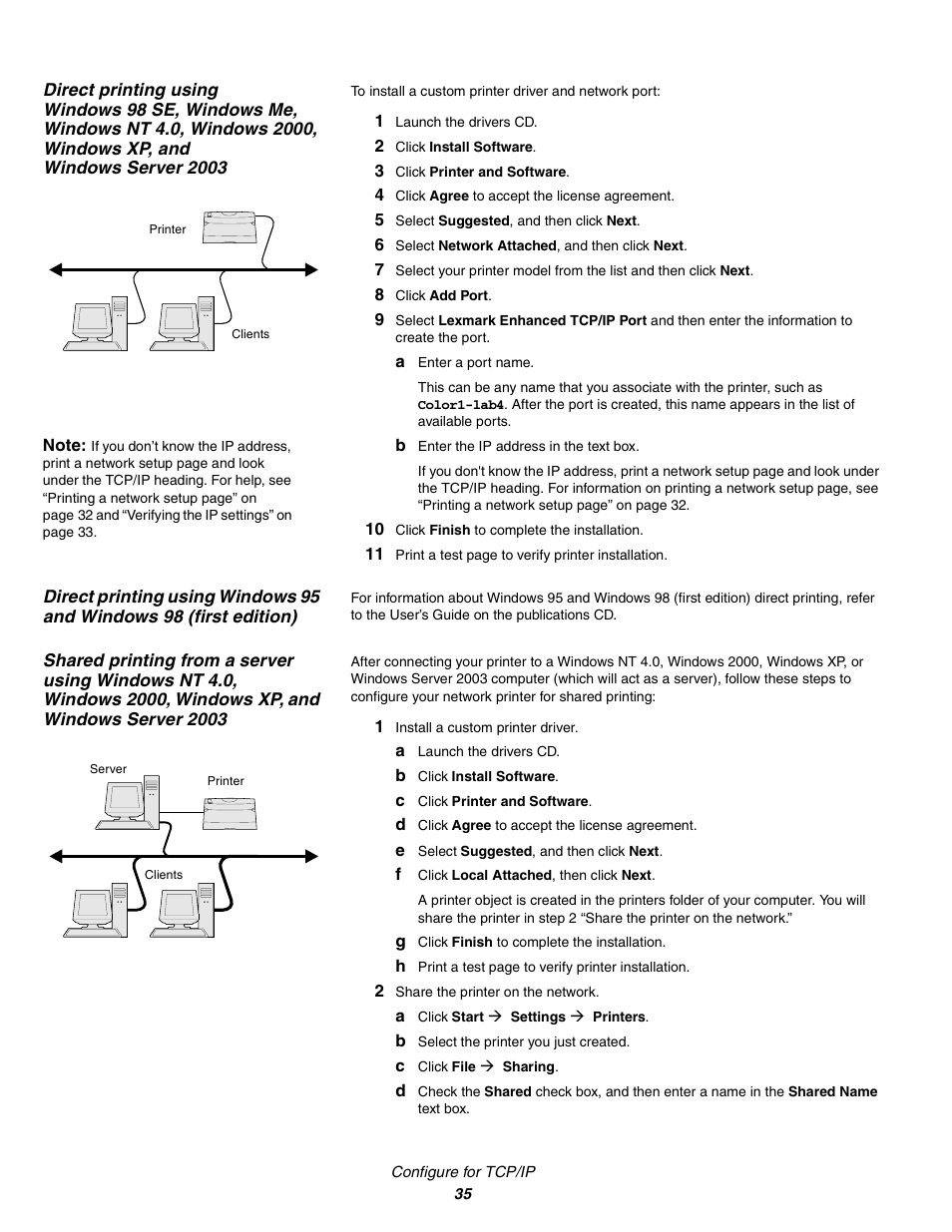 1 launch the drivers cd, 2 click install software, 3 click printer and software | 4 click agree to accept the license agreement, 5 select suggested, and then click next, 6 select network attached, and then click next, 8 click add port, A enter a port name, B enter the ip address in the text box, 10 click finish to complete the installation | Lexmark C 760 User Manual | Page 35 / 39