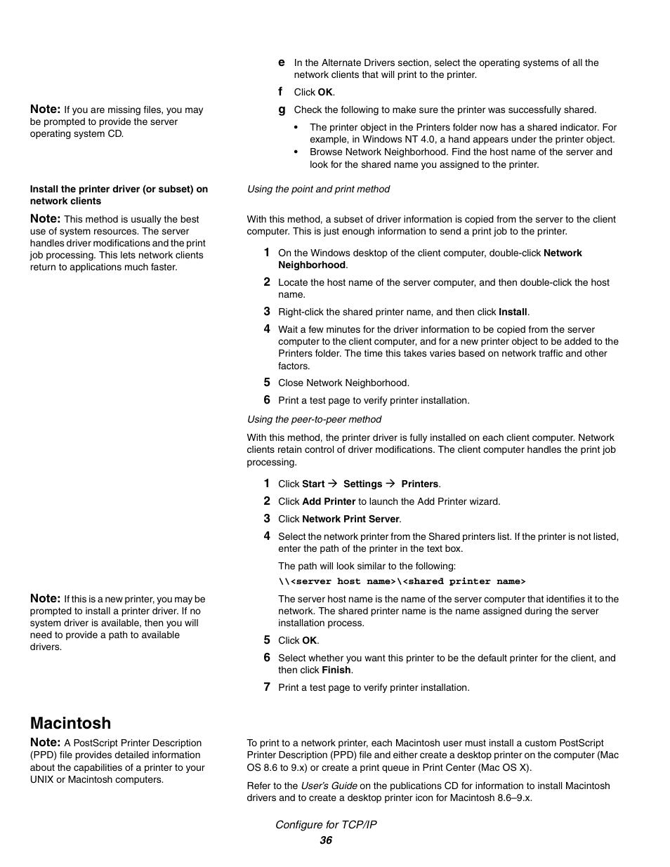 F click ok, 5 close network neighborhood, 1 click start‡ settings‡ printers | 3 click network print server, 5 click ok, Macintosh | Lexmark C 760 User Manual | Page 36 / 39