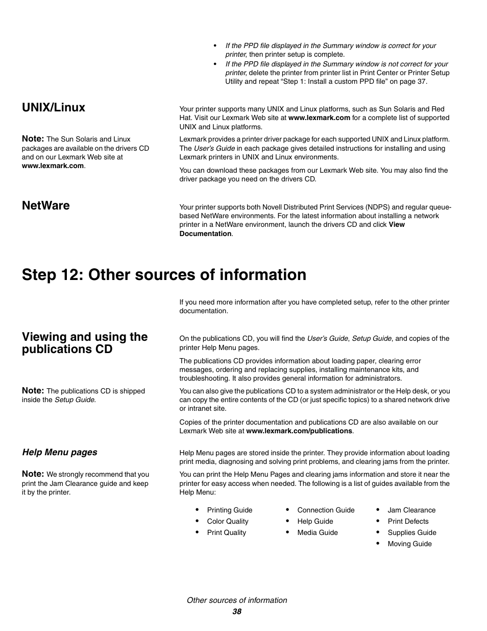Unix/linux, Netware, Step12: other sources of information | Viewing and using the publications cd, Unix/linux netware, Step 12: other sources of information | Lexmark C 760 User Manual | Page 38 / 39