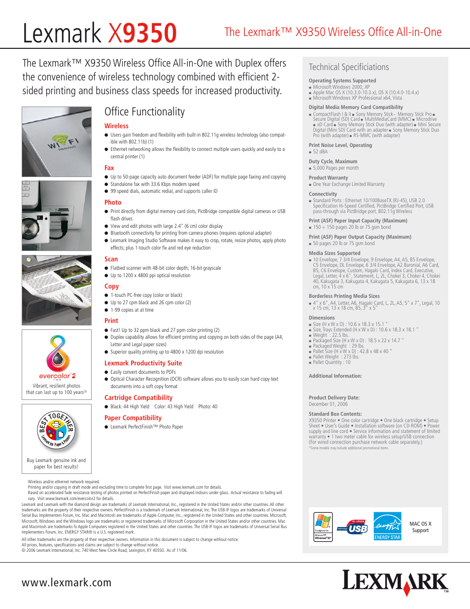 Lexmark x 9350, The lexmark™ x9350 wireless office all-in-one, Office functionality | Technical specificiations, Wireless, Photo, Scan, Copy, Print, Lexmark productivity suite | Lexmark x9350 User Manual | Page 2 / 2