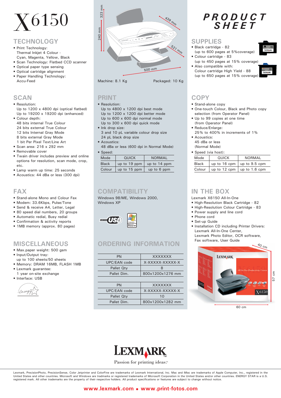Technology, Supplies, Scan | Print, Copy, Compatibility, Miscellaneous, Ordering information | Lexmark X6150 User Manual | Page 2 / 2