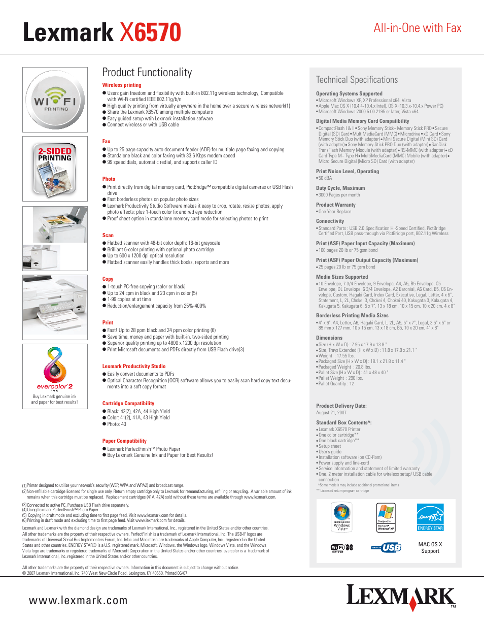 Lexmark x 6570, All-in-one with fax, Technical specifications | Lexmark X6570 User Manual | Page 2 / 2