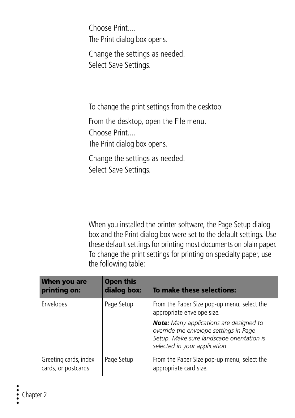 Changing the print settings from the desktop, Changing the printing options for specialty paper | Lexmark Z32 User Manual | Page 16 / 44