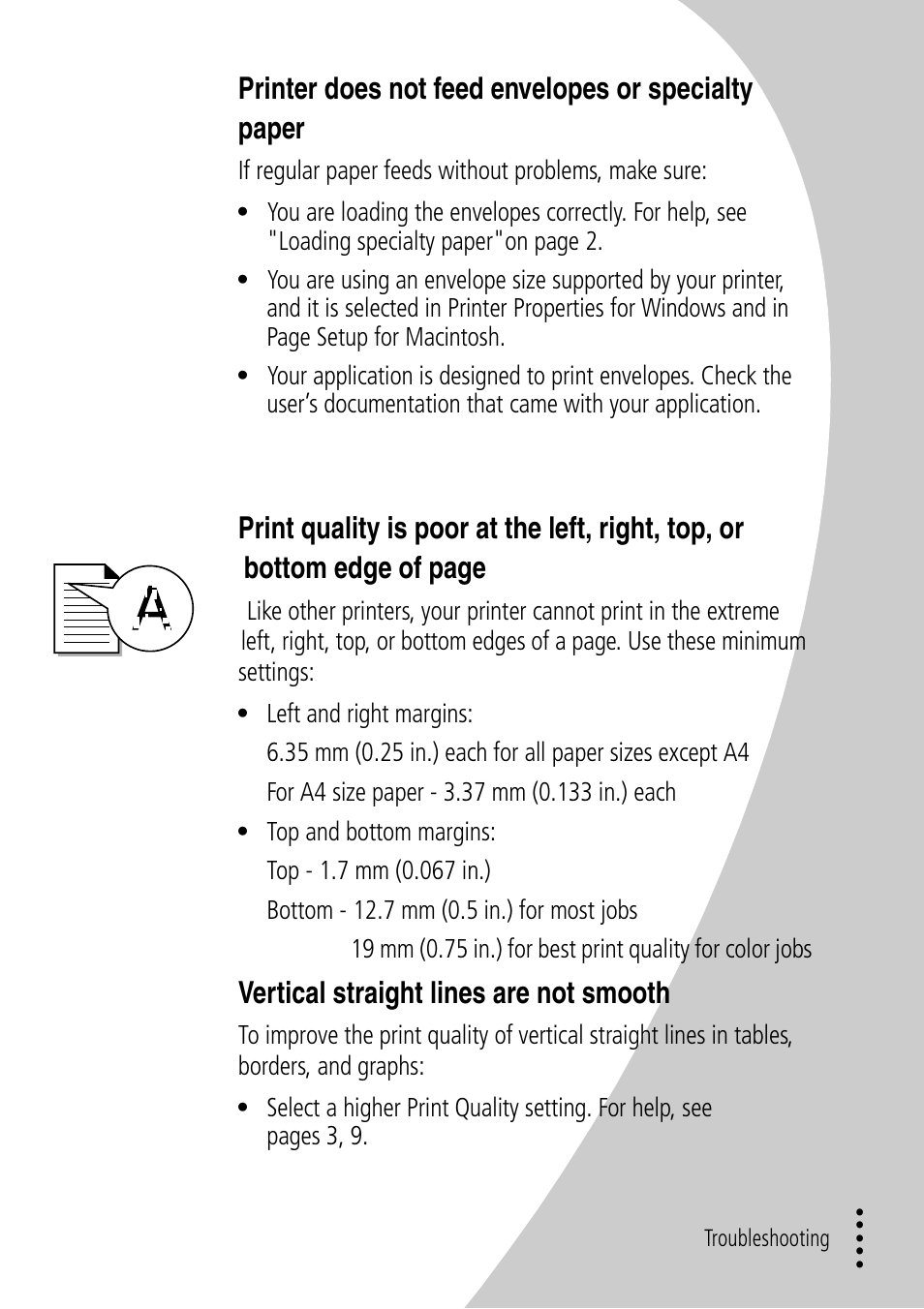 Document prints with mistakes or poor quality, Printer does not feed envelopes or specialty paper, Vertical straight lines are not smooth | Lexmark Z32 User Manual | Page 31 / 44