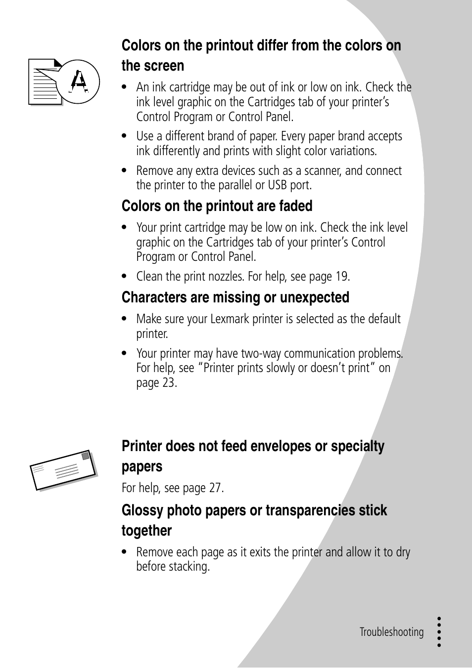 Problems with transparencies, photos, or envelopes, Colors on the printout are faded, Characters are missing or unexpected | Lexmark Z32 User Manual | Page 33 / 44