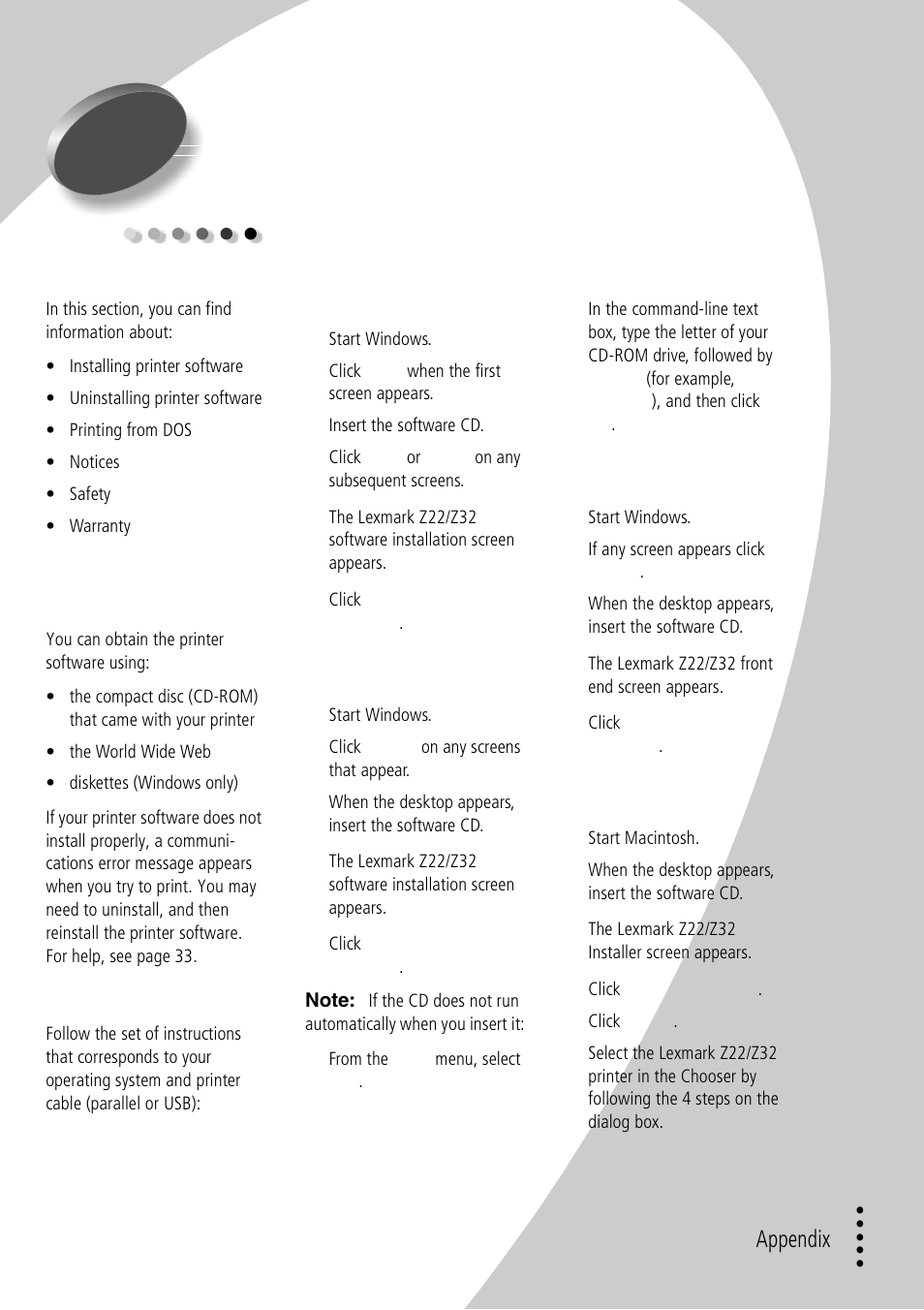 Appendix, Ap pen d ix, Installing printer software | Lexmark Z32 User Manual | Page 35 / 44