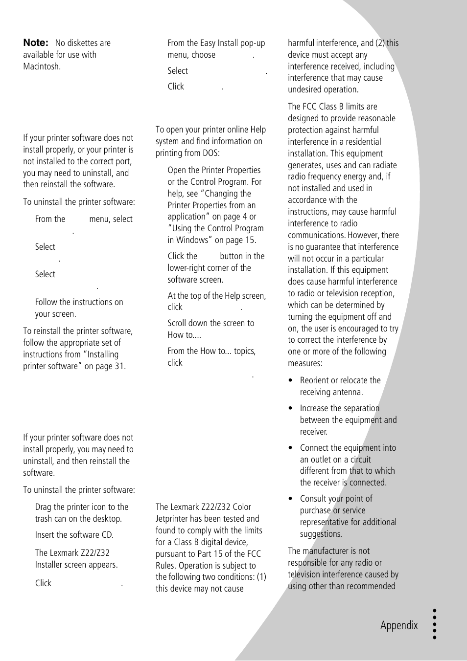 Ap pen d ix, Uninstalling printer software for windows, Uninstalling printer software for macintosh | Printing from dos, Electronic emission notices | Lexmark Z32 User Manual | Page 37 / 44