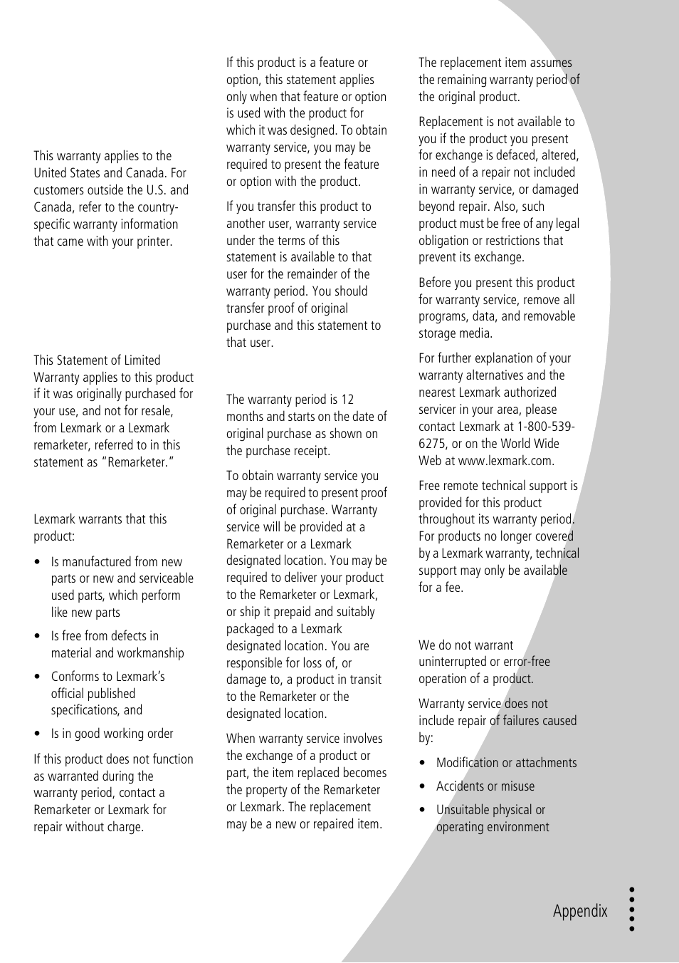 Ap pen d ix, Statement of limited warranty, Appendix 35 | Lexmark Z32 User Manual | Page 39 / 44