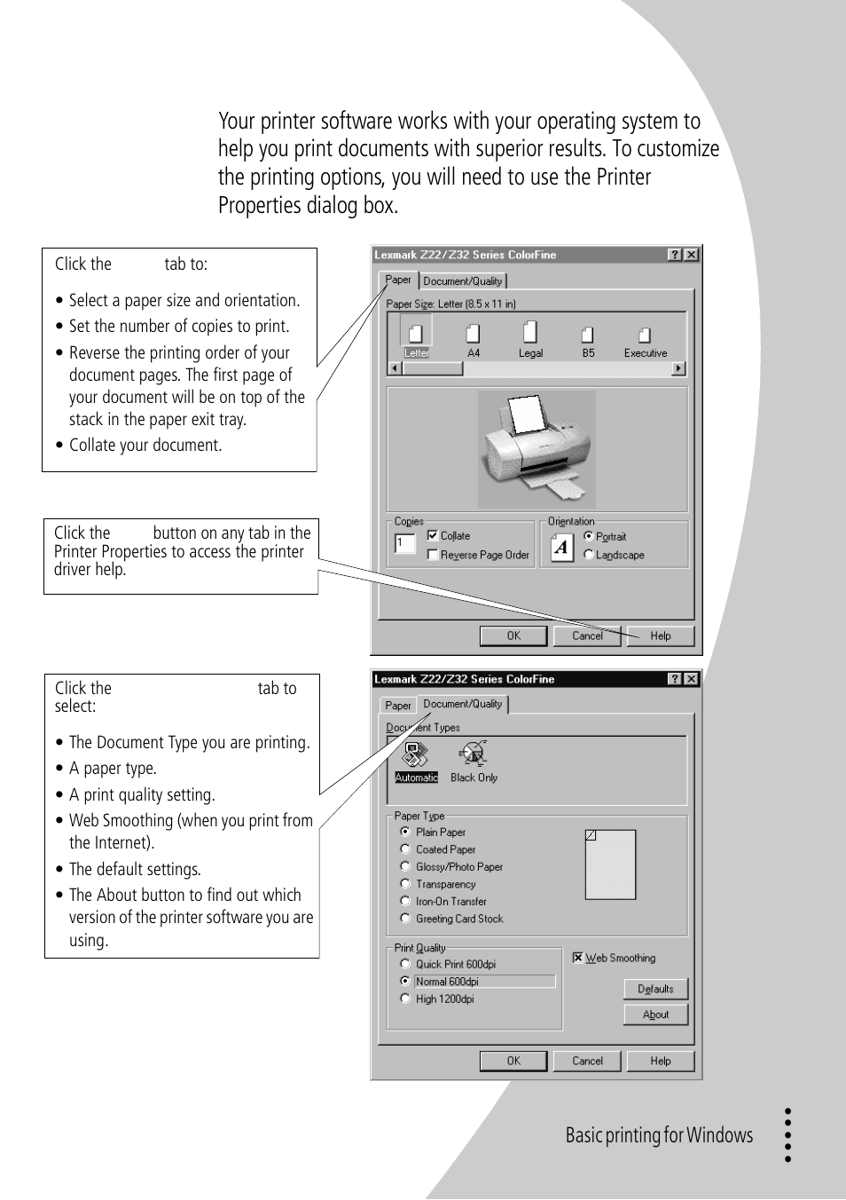 Step 2: customize the printing options, Ba sic printing for w ind ow s | Lexmark Z32 User Manual | Page 7 / 44