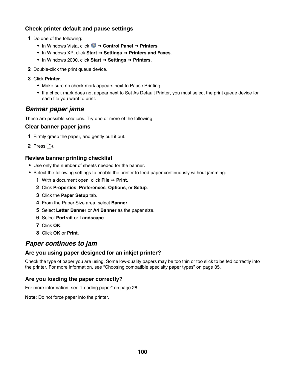 Banner paper jams, Paper continues to jam | Lexmark 1500 Series User Manual | Page 100 / 124