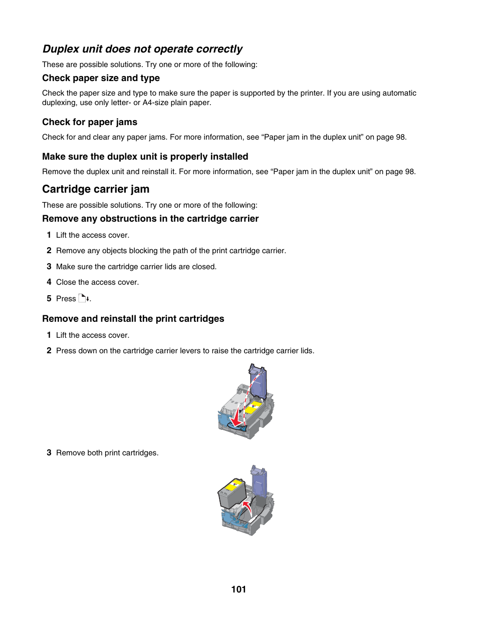 Duplex unit does not operate correctly, Cartridge carrier jam | Lexmark 1500 Series User Manual | Page 101 / 124