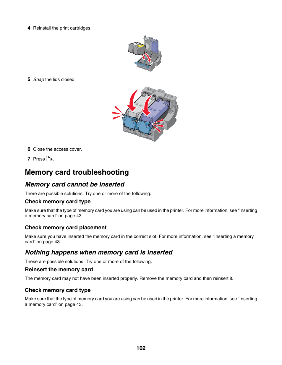 Memory card troubleshooting, Memory card cannot be inserted, Nothing happens when memory card is inserted | Lexmark 1500 Series User Manual | Page 102 / 124
