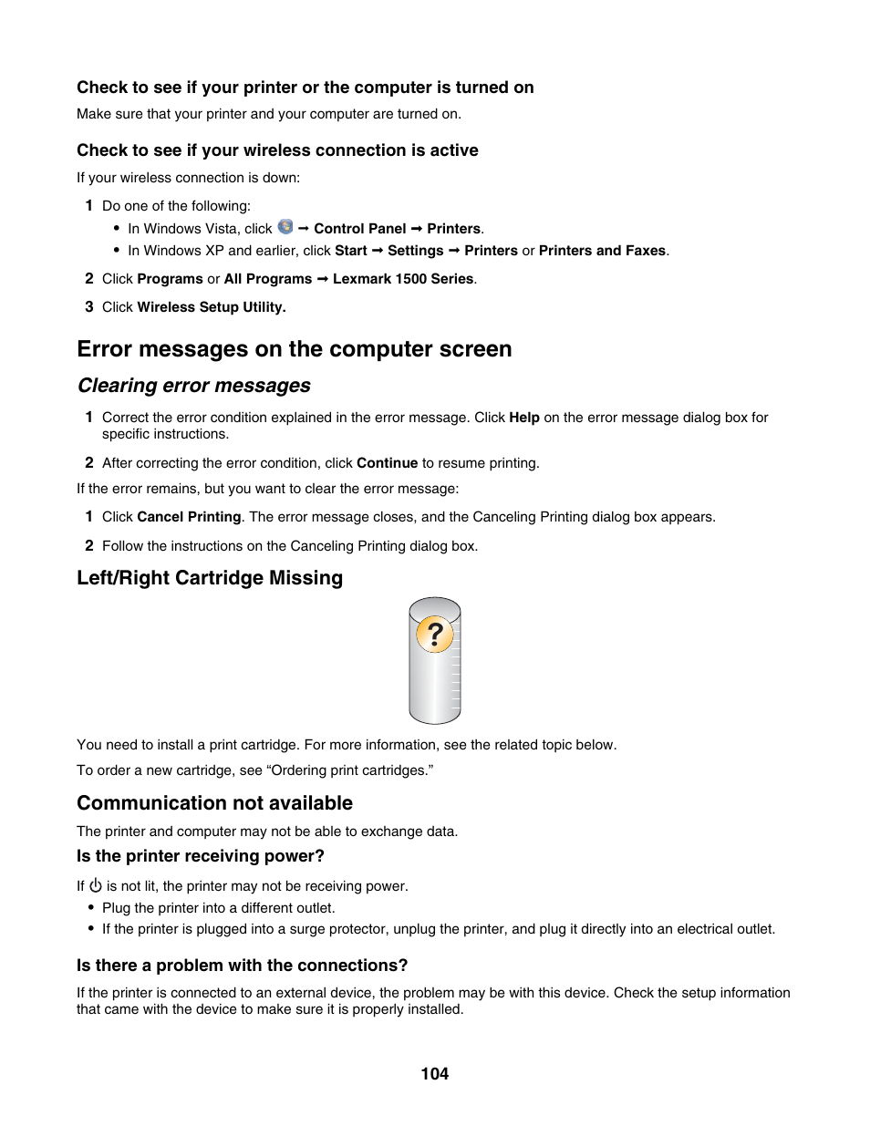 Error messages on the computer screen, Clearing error messages, Left/right cartridge missing | Communication not available | Lexmark 1500 Series User Manual | Page 104 / 124