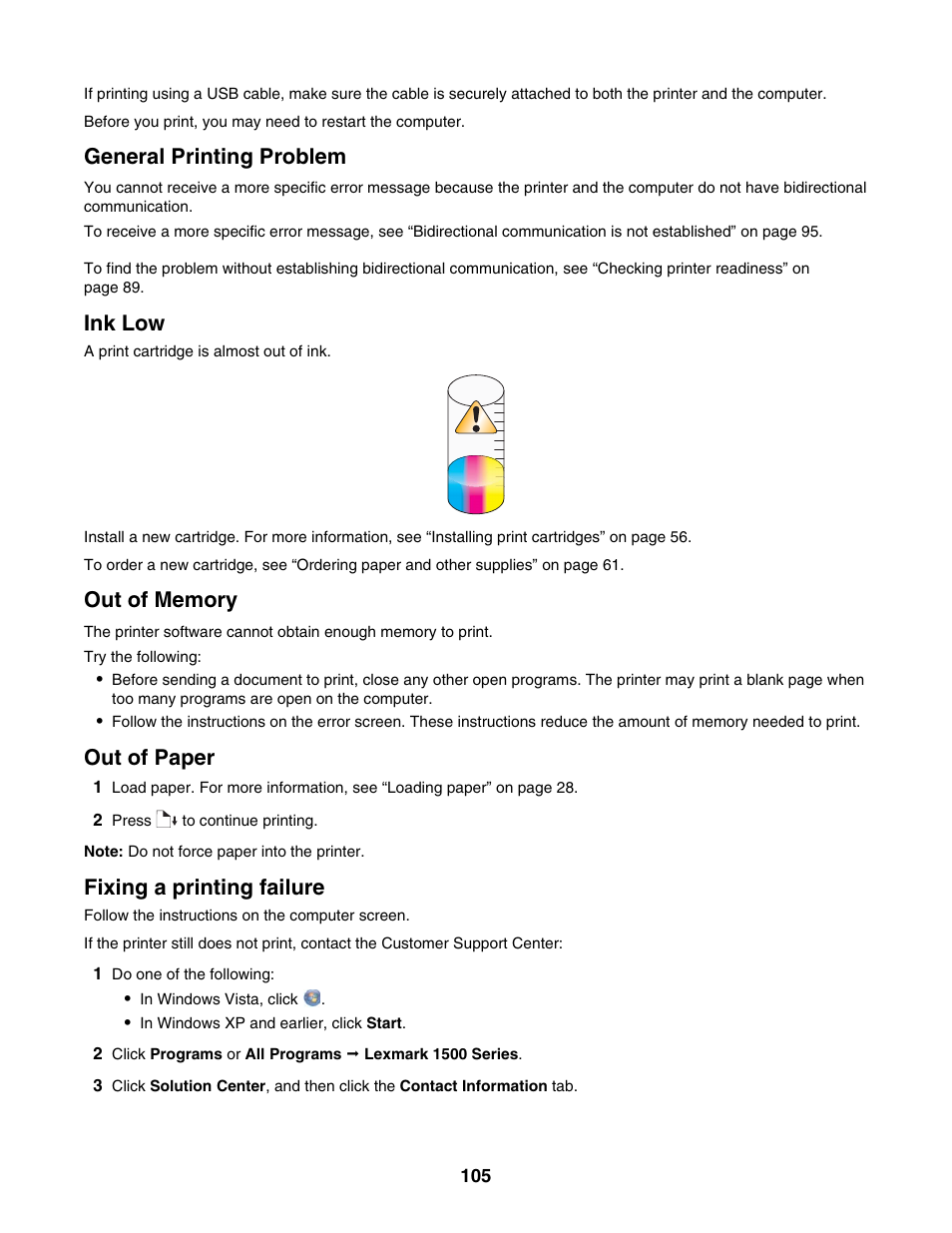 General printing problem, Ink low, Out of memory | Out of paper, Fixing a printing failure | Lexmark 1500 Series User Manual | Page 105 / 124