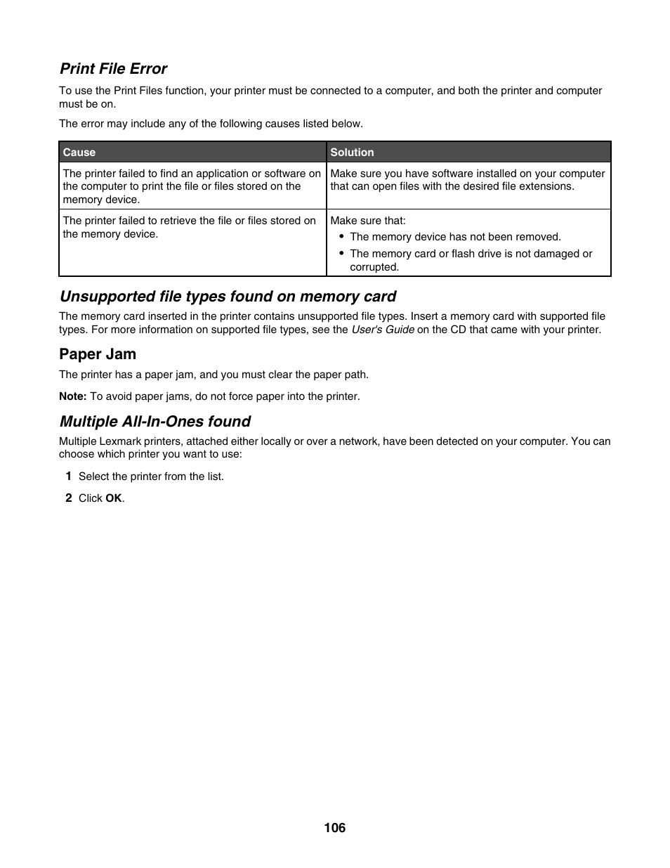 Print file error, Unsupported file types found on memory card, Paper jam | Multiple all-in-ones found | Lexmark 1500 Series User Manual | Page 106 / 124