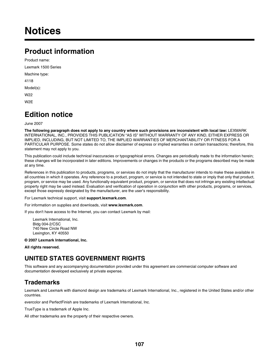 Notices, Product information, Edition notice | United states government rights, Trademarks | Lexmark 1500 Series User Manual | Page 107 / 124